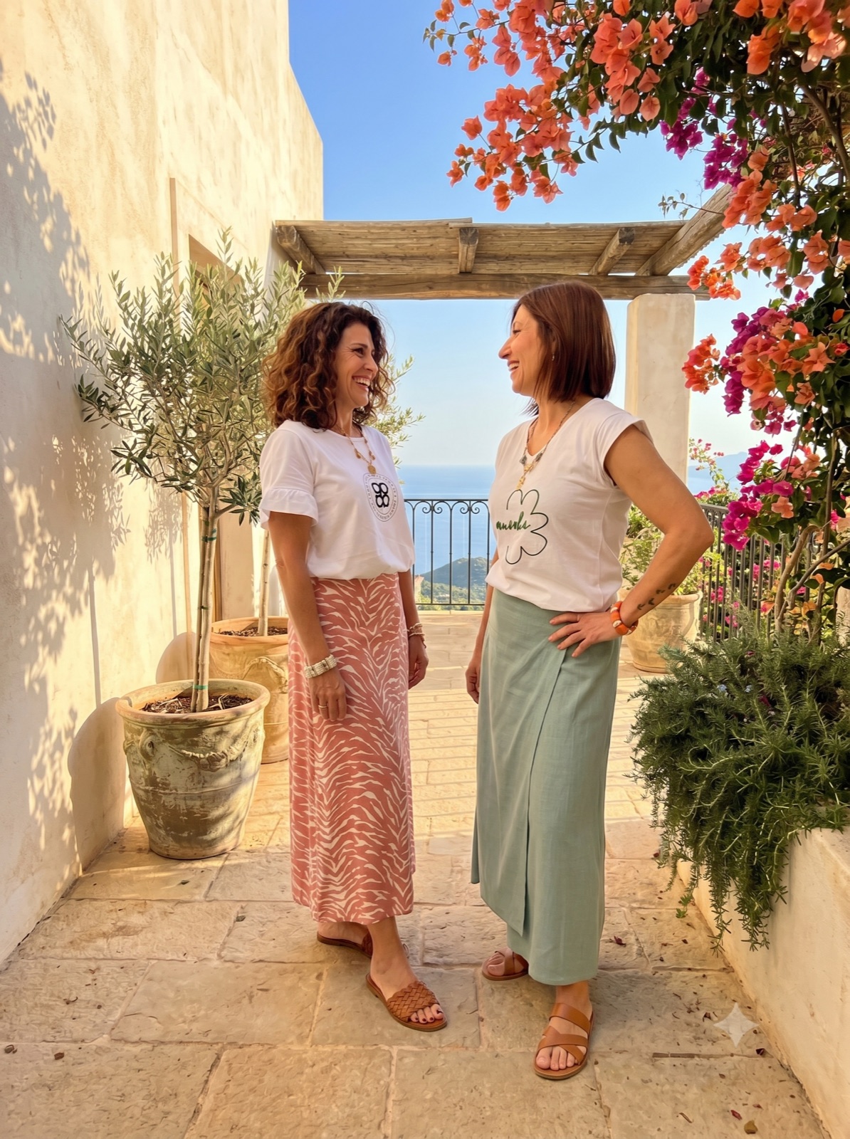 Dos mujeres charlando en una terraza con vistas al mar, vestidas con piezas de Richel Collection